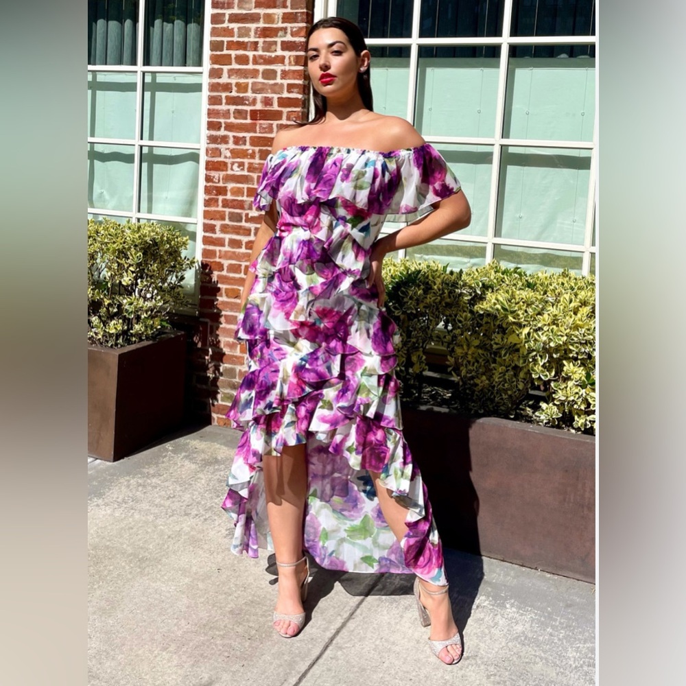 Badgley Mischka  Purple Floral High Low Dress, EUC, Like New — Size 12